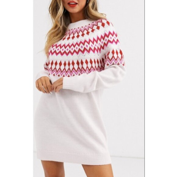 ASOS NWT Oversized Crew Neck Fair Isle Knit Sweater Dress Sz 4 Pink Red Sequin - Picture 1 of 5